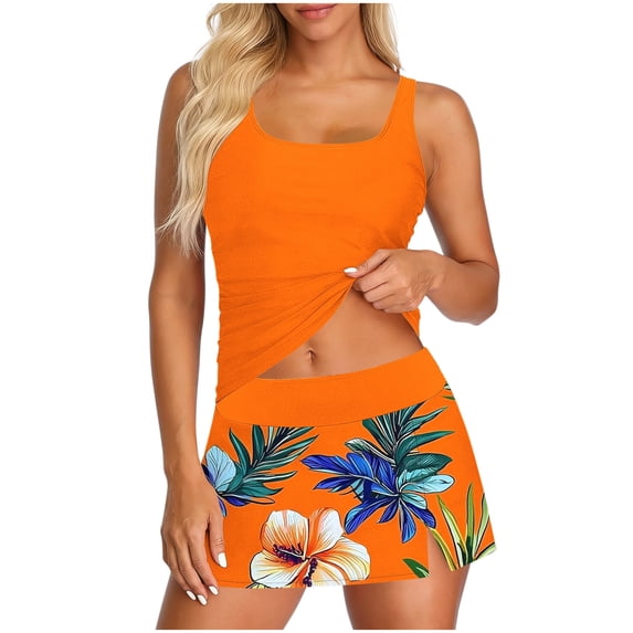 Atogsazn Womens Summer Swimsuit Tummy Control Tankini Set for Women Beach Two Piece Bathing Suit with Skirt 02-Orange Fashion