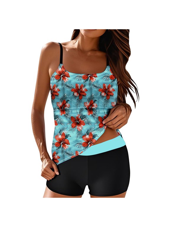 Womens Summer Tankini Set Camisole Tank Tops Shorts Swimsuit Flowy Tummy Control Bathing Suit Beach Swimwear Green Fashion