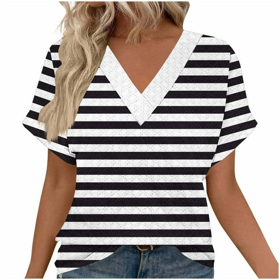 Atogsazn Womens Summer Tops Short Sleeve Shirts 2025 Fashion V Neck Tunic Outfits Clothes Fashion 2025 Black XXL