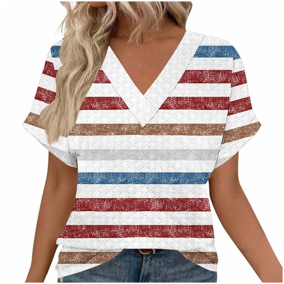 Atogsazn Womens Summer Tops Short Sleeve Shirts 2025 Fashion V Neck Tunic Outfits Clothes Fashion 2025 Brown L