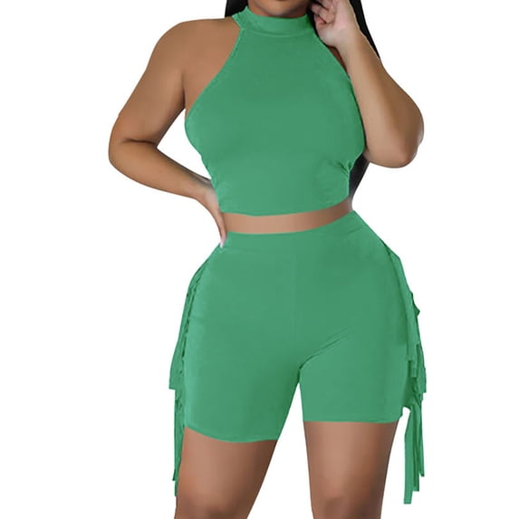 Atogsazn Womens Summer Two Piece Set Casual Yoga Biker Tank Top Drawstring Shorts Outfit Fashion Green L