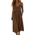 thumbnail image 1 of Atogsazn Womens Summer V Neck Cotton Dress Casual Button Spaghetti Strap Midi Dresses A-Line Sundress Brown M Fashion, 1 of 6