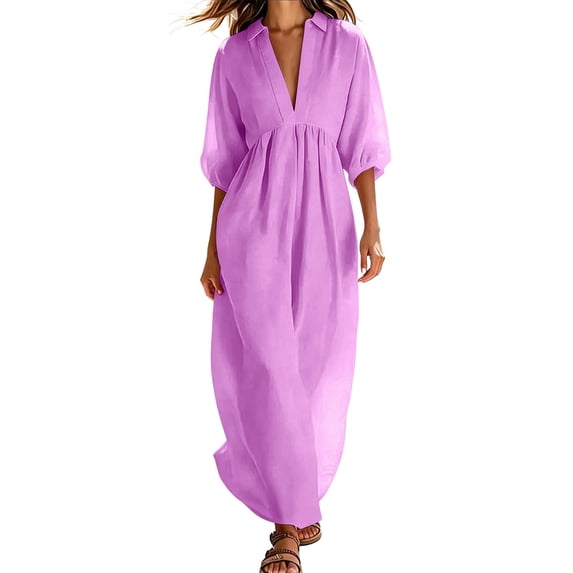 Atogsazn Womens Summer V Neck Linen Maxi Dress Casual Puff Short Sleeve Dresses Loose Fit Flowy Sundress Purple XXXL Fashion