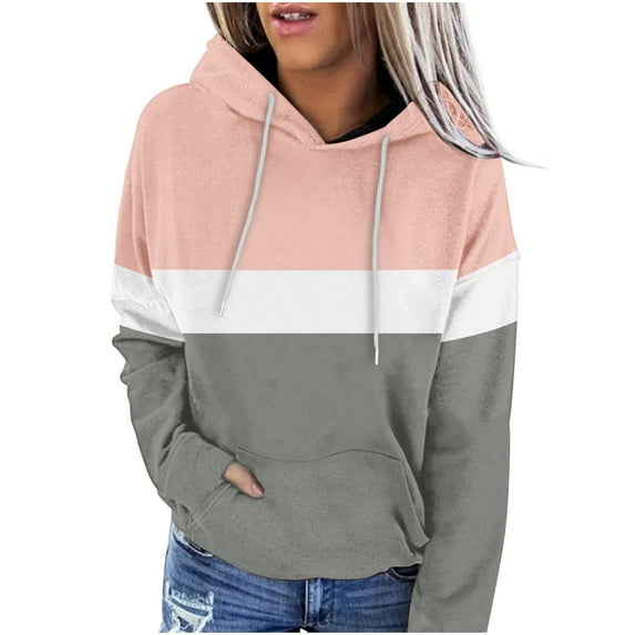 Atogsazn Womens Sweaters Hoodies Casual Colorblock Long Sleeve Hooded Sweatshirts for Woman Clothing Tops 03-Pink XL