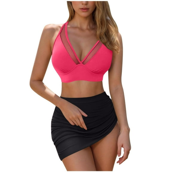 Atogsazn Womens Swim Skirt High Waisted Bikini Sets Tummy Control Swimsuits Mesh Sarong Wraps Bathing Suits 02-Hot Pink XXL