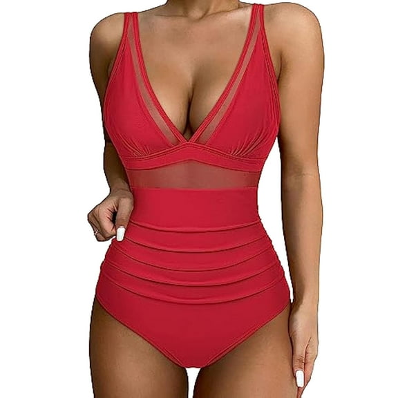 Atogsazn Womens Swimsuit Plus Size High Waisted Straped Bathing Suit Swimwear Mesh Bikini Clothes 02-Red S