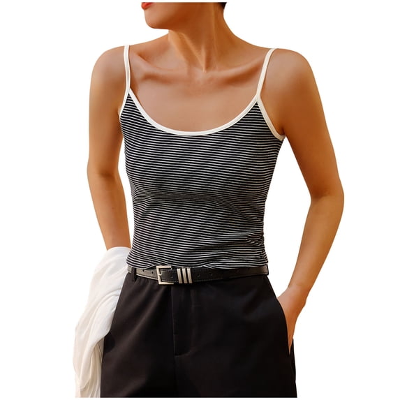 Atogsazn Womens Tank Tops Sleeveless Spring Summer Cute Camisoles Going Out Top Spaghetti Strap Color Block Basic 01-Black S on Clearance