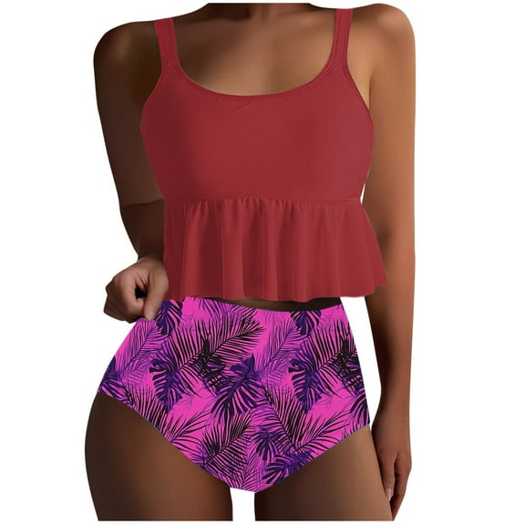 Atogsazn Womens Tankini Swimsuits Ruffled Tank Top Tummy Control Floral Modest Swimwear High Waisted Bikini 14-Pink XXXL