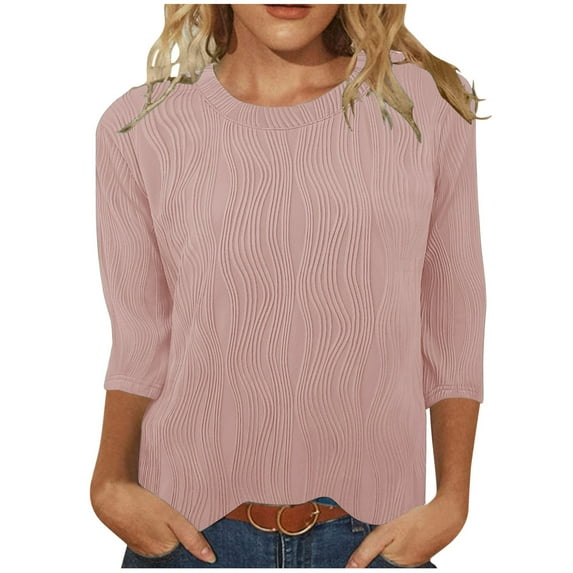 Atogsazn Womens Tops Summer Shirts Plus Size V-Neck Loose Top Casual Blouse Womens 3/4 Sleeve Tops and Blouses Pink XL