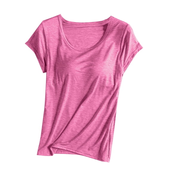 Atogsazn Womens Tops & T-Shirts with Built in Bras Casual Short Sleeve Yoga Sports T-Shirt Crop Tops for Women Hot Pink XXXL
