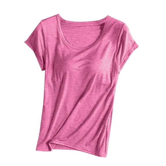 Atogsazn Womens Tops & T-Shirts with Built in Bras Casual Short Sleeve Yoga Sports T-Shirt Crop Tops for Women Hot Pink XXXXL