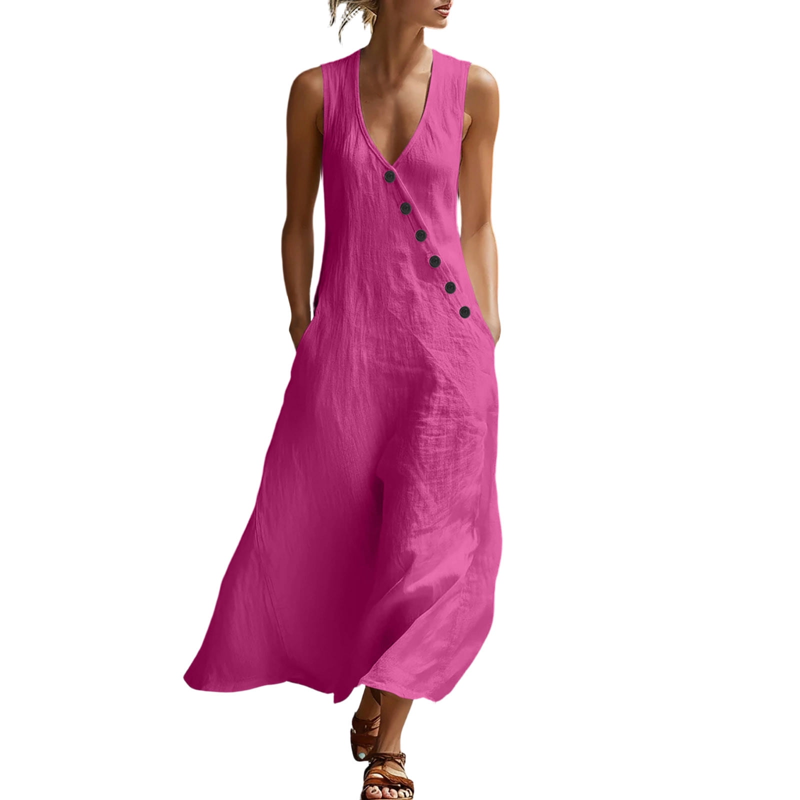 hot pink linen dress Nasira Side Pockets LULU-B HOT PINK LINEN DRESS
