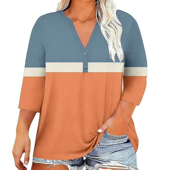 Atogsazn Womens V Neck Plus Size Blouse Casual 3/4 Sleeve Striped Pullover Tops Lightweight Shirt Workout Clothing Orange L Fashion
