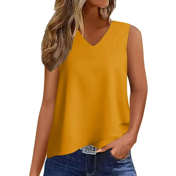 Atogsazn Womens V Neck Tank Top Summer Sleeveless Tee Shirt for Women Loose Basic Blouse Casual Flowy Spring Outfits Clothes 01-Yellow S