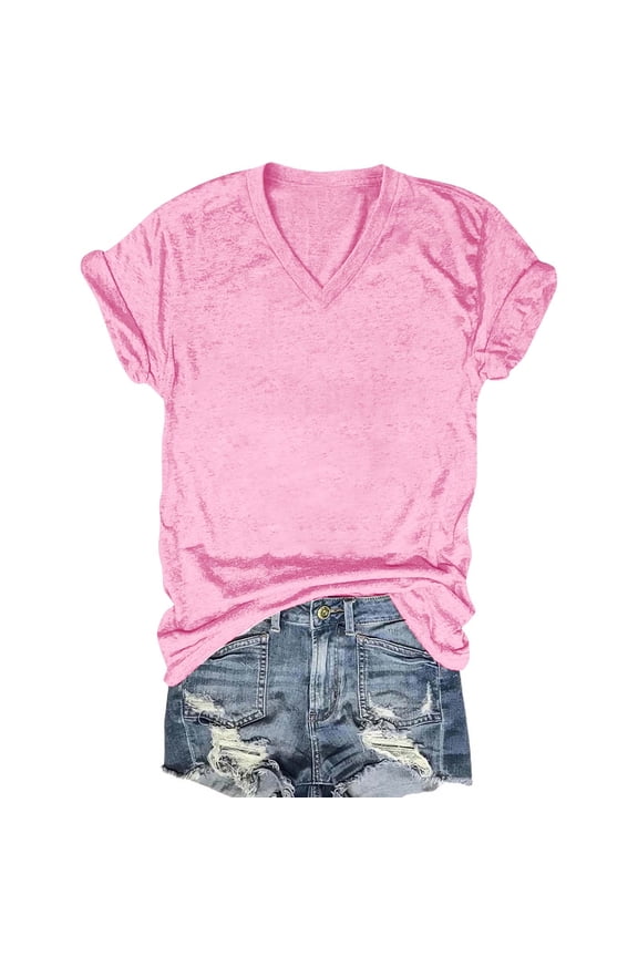 Womens V Neck Tshirt Casual Summer Short Sleeve Tee Shirt Basic Tunic Top Blouse Fashion Pink M