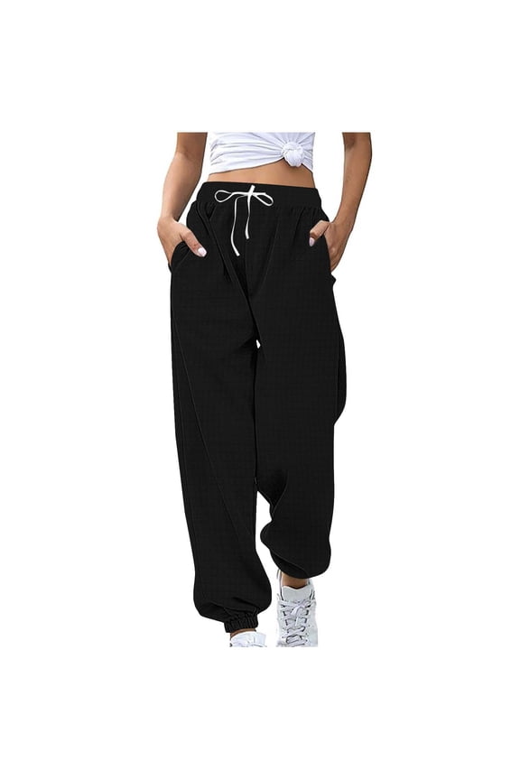 Womens Waffle Jogger Sweatpant Casual Work Pants with Drawstring Active Pants Trouser Clothing Black S Fashion