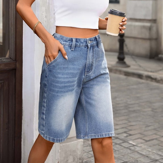 Atogsazn Womens Wide Leg Bermuda Jean Casual Button Lightweight Loose Fit Denim Shorts with Pocket Blue XXL Fashion