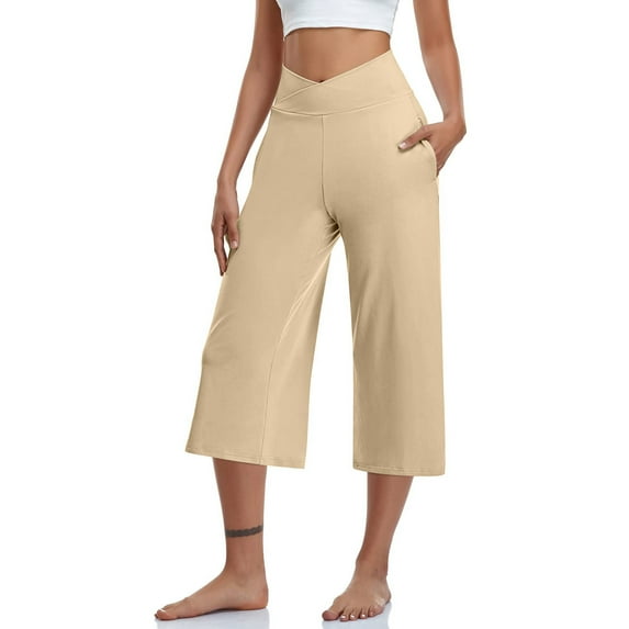 Atogsazn Womens Wide Leg Capris High Waist Yoga Athletic Shorts Solid Color Fitness Cropped Pants with Pocket Khaki XL