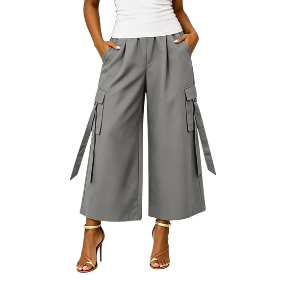 Atogsazn Womens Wide Leg Cargo Capris Casual Athletic Elastic Waist Cropped Pants with Pocket Trouser Summer Gray XXL Fashion