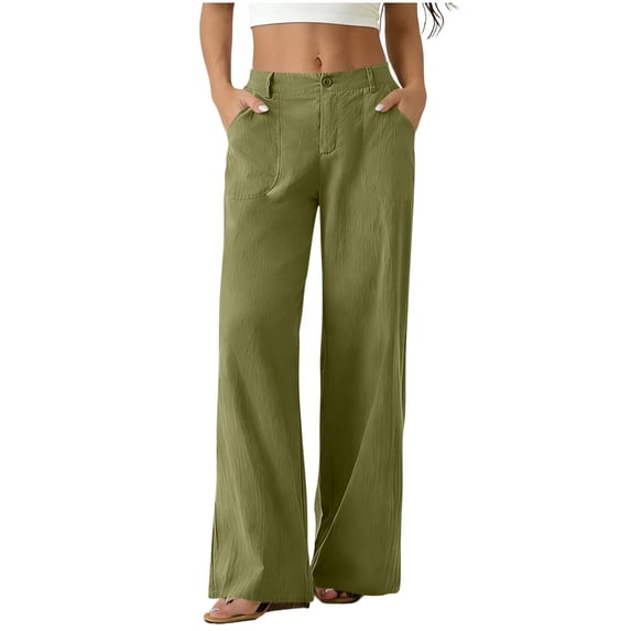 Atogsazn Womens Wide Leg Linen Pants Casual Loose Fit Button Sweatpants Bussiness Work Trouser with Pocket Green L Fashion