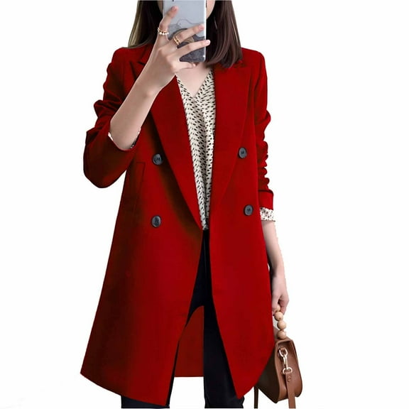 Atogsazn Womens Wool Trench Coat Casual Fleece Long Sleeve Jacket Thick Warm Winter Coat Tops Outerwear Clothing 02-Red XS Fashion