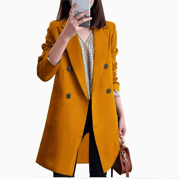 Atogsazn Womens Wool Trench Coat Casual Fleece Long Sleeve Jacket Thick Warm Winter Coat Tops Outerwear Clothing 02-Yellow XS Fashion