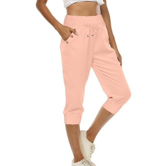 Atogsazn Womens Yoga Capris Sweatpants Athletic Elastic Waist Sweat Shorts Casual Loose Drawstring Cropped Pants with Pockets Pink XXL