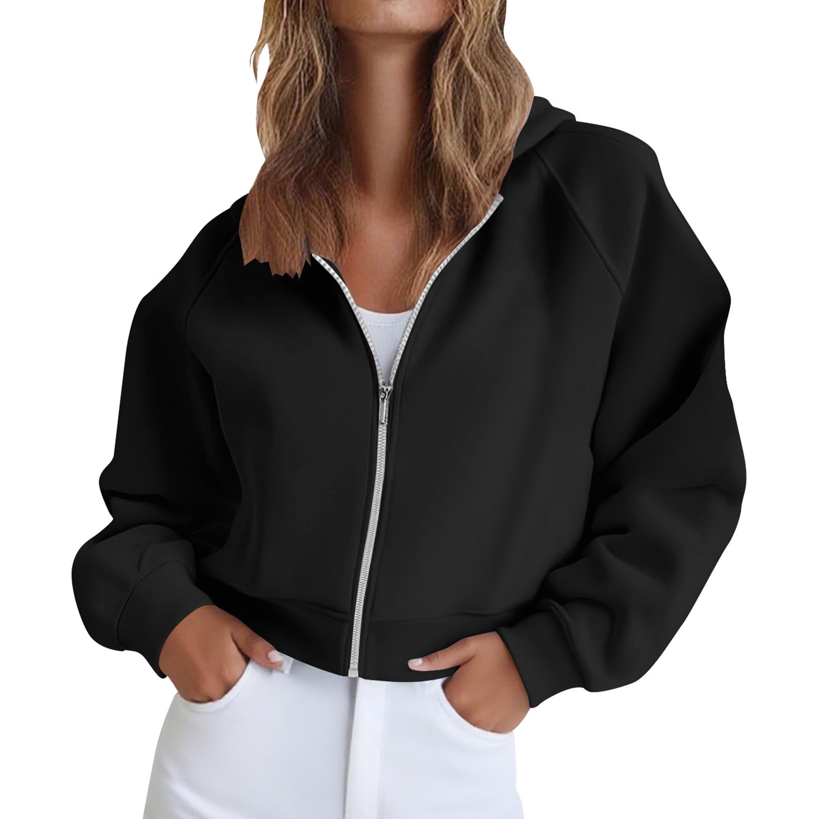 Women’s Zip Up Crop Sweatshirt – Fleece Lined Casual Hoodie