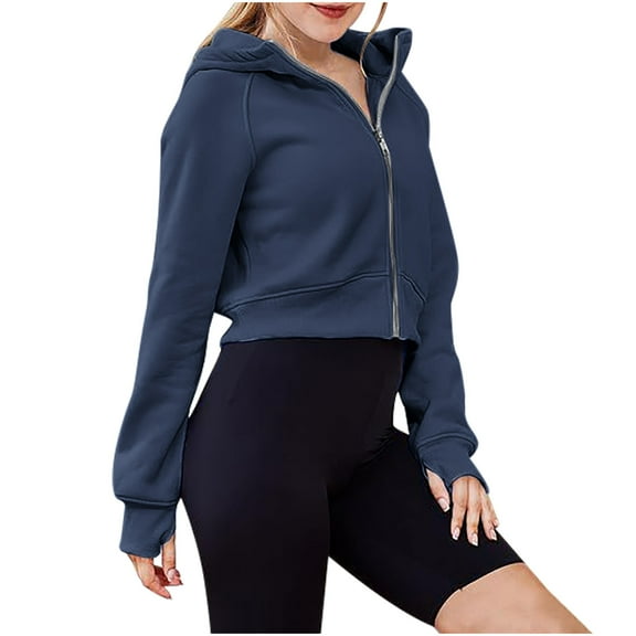 Atogsazn Womens Zip Up Cropped Hoodies Casaual Long Sleeve Sweatshirt Fleece Crop Sweater Fall Clothing Tops 03-Navy XL Fashion