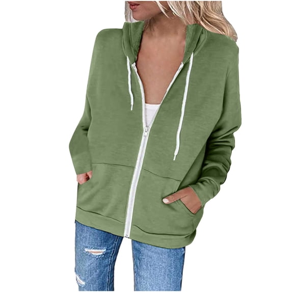 Atogsazn Womens Zip Up Hooded Sweatshirt Casual Loose Drawstring Solid Long Sleeve Hoodies Fall Clothes with Pocket Green S