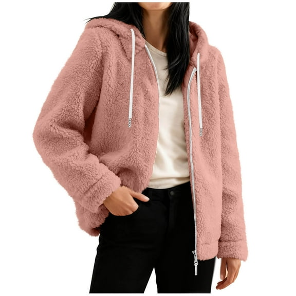 Atogsazn Womens Zip Up Sherpa Jacket Feleece Long Sleeve Hooded Coat Thick Warm Winter Tops Clothing Outfit 02-Pink S Fashion