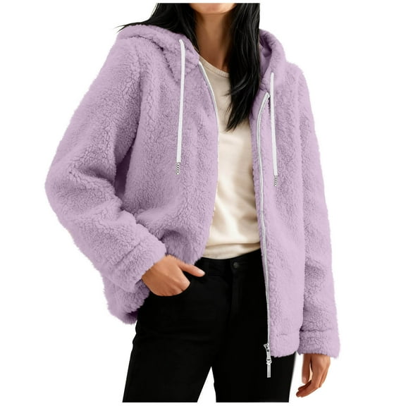 Atogsazn Womens Zip Up Sherpa Jacket Feleece Long Sleeve Hooded Coat Thick Warm Winter Tops Clothing Outfit 02-Purple XL Fashion