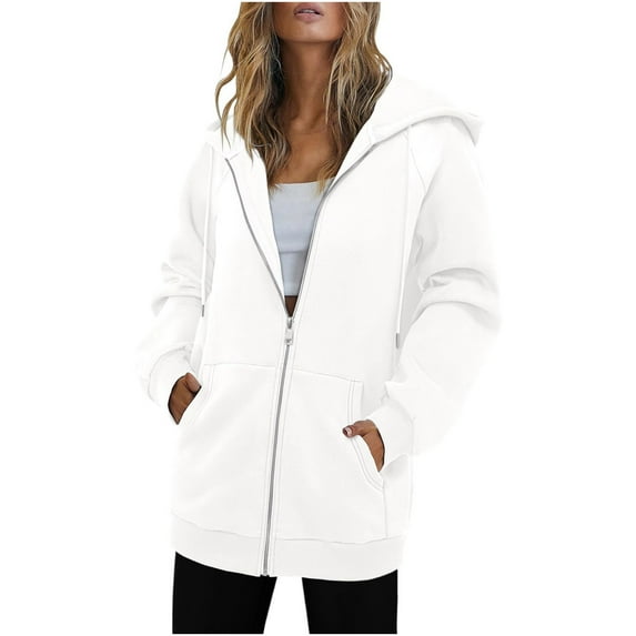 Atogsazn Zip Up Hoodie for Women Oversized Long Sleeve Sweatshirt Fall Winter Drawstring Pullover Tops Trendy White M