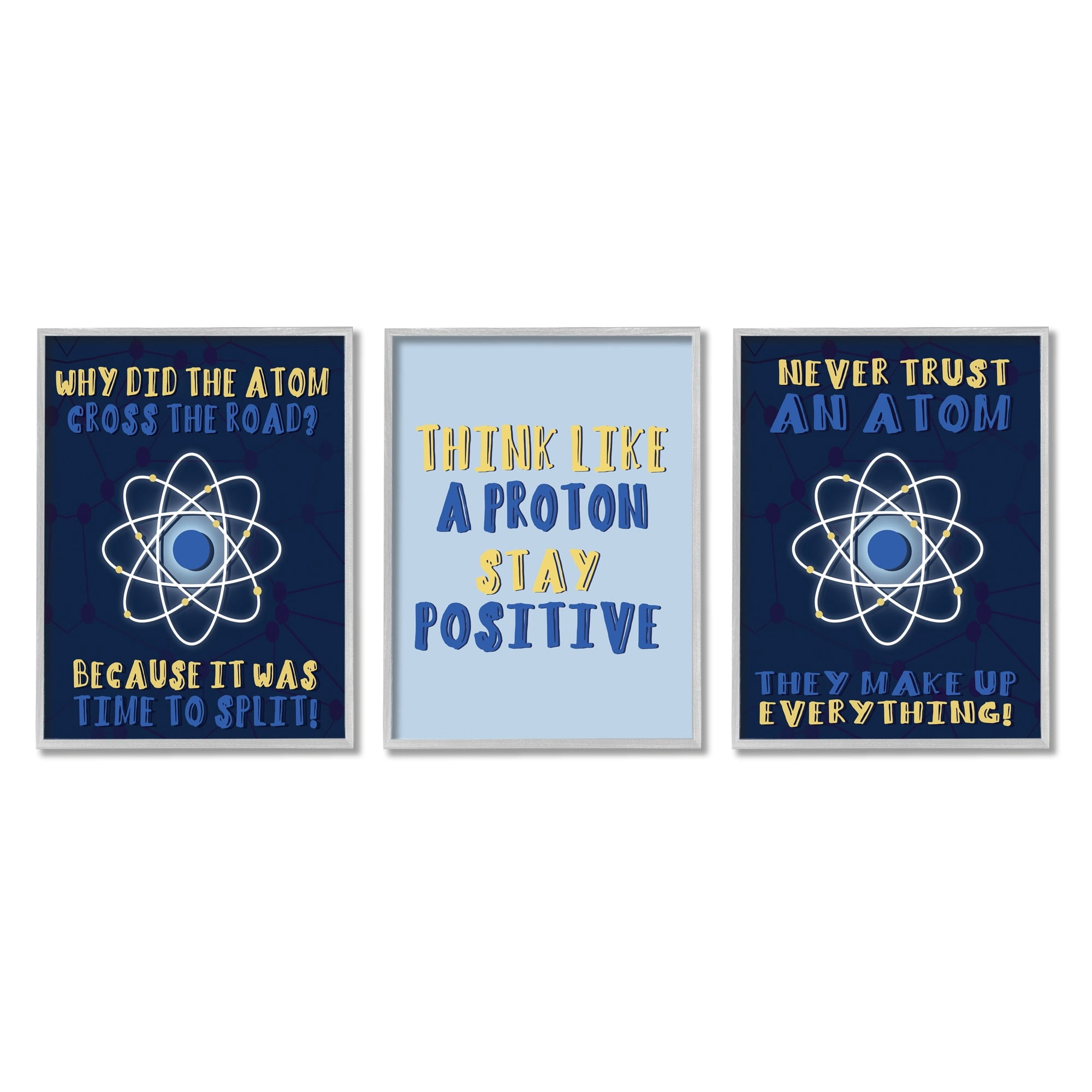 Atom Cross The Road Scientific Humor Blue Molecules 16 in x 20 in Framed Painting Art Prints, by Stupell Home Décor Set of 3