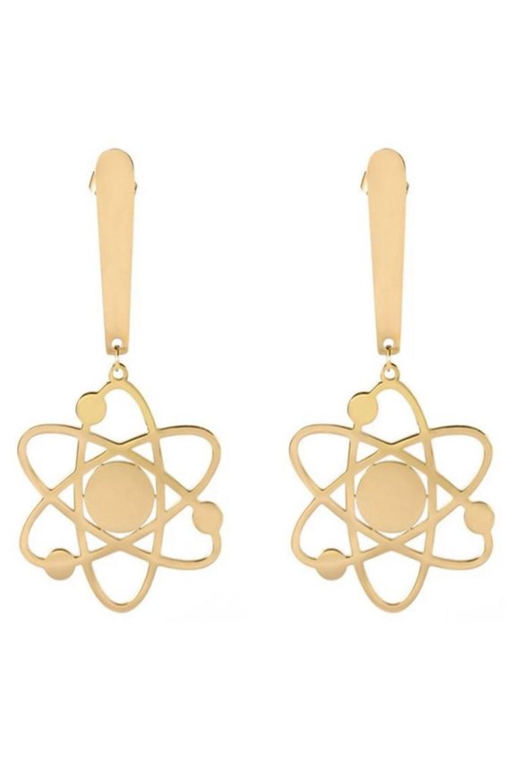 Atom Earrings Gold PVD Stainless Steel Proton Neutron Science Chemistry Dangles Womens Fantasy Forge Jewelry