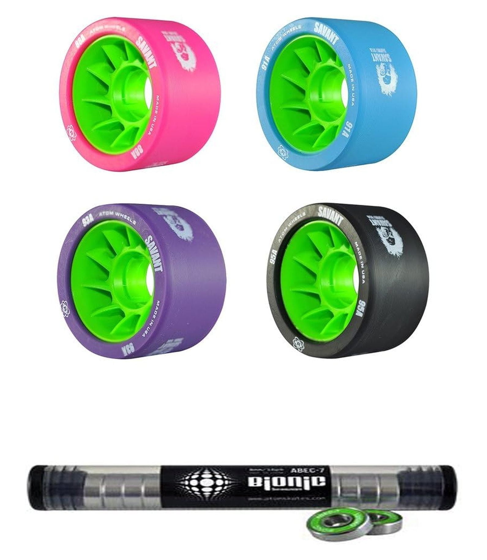 Atom Savant Skate Wheels with Bionic Bearings 8mm Full Set of 8 Purple ...