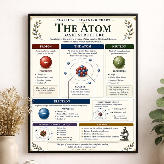Atom Structure Chart Wall Decor Classical Learning STEM Teacher Classroom Reference Homeschool Science Chemistry Room Decor