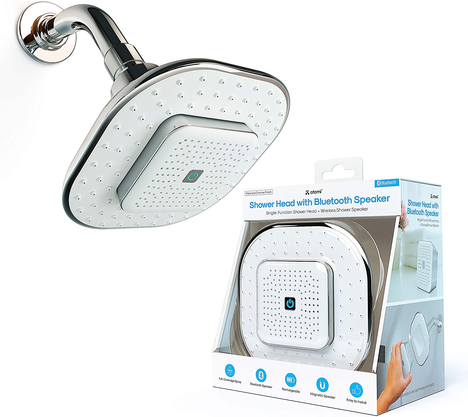 Atomi 4.9” White Showerhead With Removable, Magnetic Bluetooth Speaker – AT1490, 1 Pk - image 1 of 8