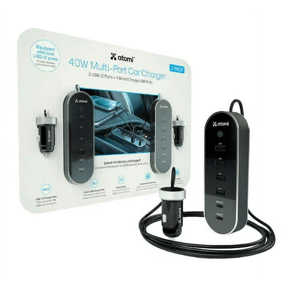 Atomi 40w Multi-port Car Charger; 2 USB-C , & 4 USB ports AT1639 NEW