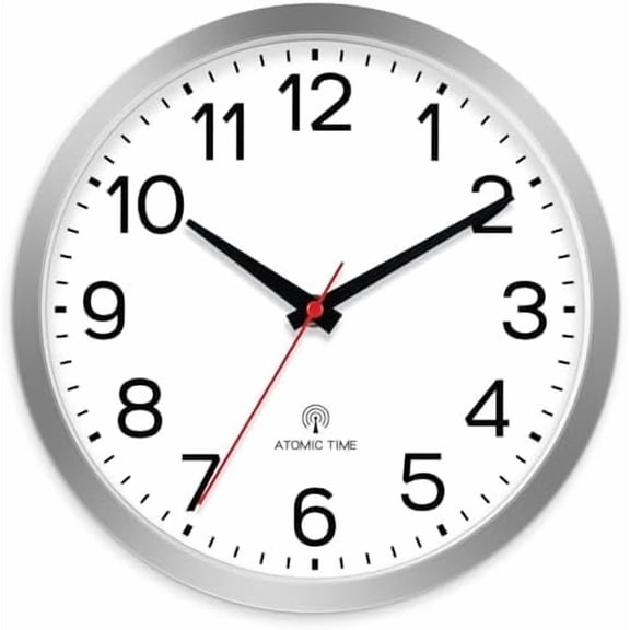 Atomic 10 Inch Wall Clock Analog Clocks for Indoor Kitchen, Battery Operated Clock for Bedroom Office Classroom Living Room(Silver)