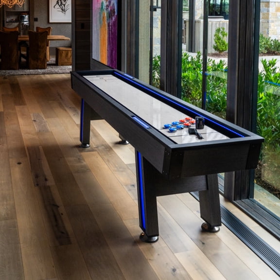 Atomic 9' LED Shuffleboard Table Modern Design with LED Rail & Leg Lighting LED Scoring Squares All Accessories Included