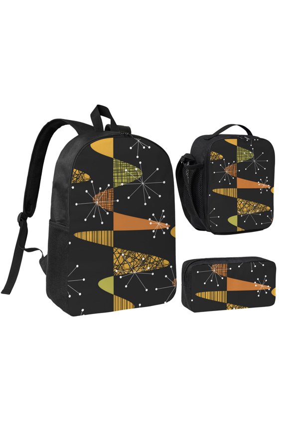 Atomic Age Geometric Mid Century 17-inch Laptop Backpack 3-Piece Set with Insulated Lunch Bag and Accessory Pouch, Rucksack for Teens Adults
