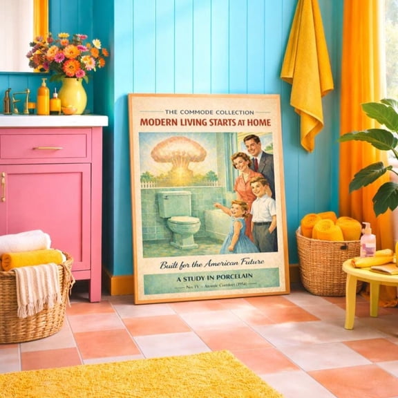 Atomic Age Toilet Print, Mid Century Bathroom Wall Art Unframed Paper Print
