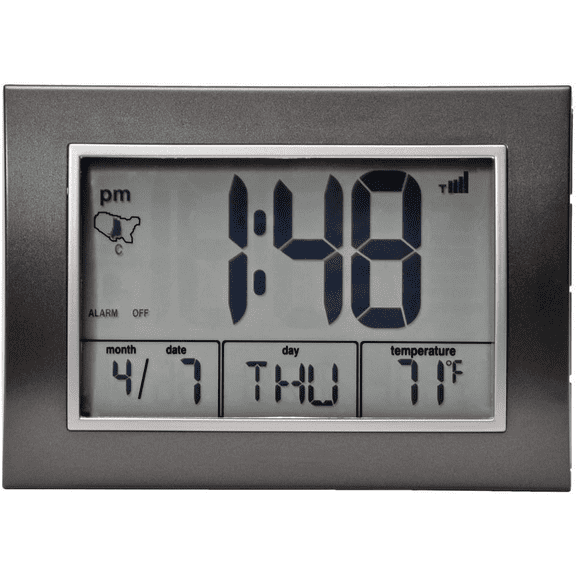 Atomic Alarm Clock with Date, Day of Week and Temperature, Grey