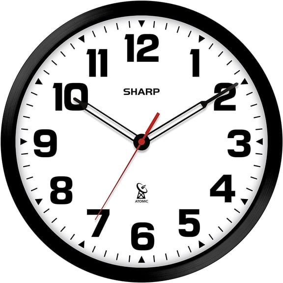 Atomic Analog Wall Clock - 12" Black Stylish Frame - Sets Automatically- Battery Operated - Easy to Read - Easy to Use Modern Design and Style