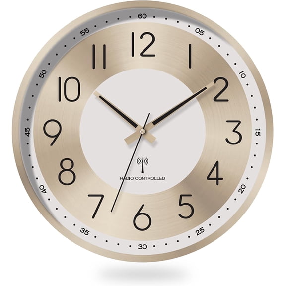 Atomic Analog Wall Clock 14 Inch Battery Operated Wall Clocks Radio Controlled Clock Sets Automatically Gold Large Wall Clock Decor Kitchen Living Room Bedroom