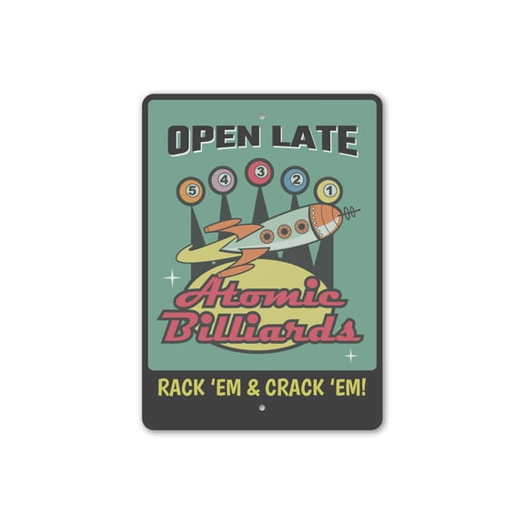 Atomic Billiards Sign, Gameroom Decorative Aluminum Metal Decor Sign - 4x18 inches