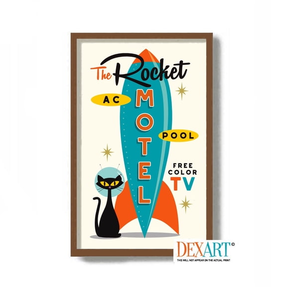 Atomic Black Cat Space Art Print, Rocket Ship Motel Sign, Mid Century Modern Wall Art, Vintage Space Age, Southwestern Art, California Decor Poster, Poster Only