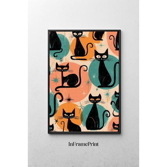 Atomic Cat Mid Century Modern Pattern Retro Black Decorative Design Statement Wall Decor