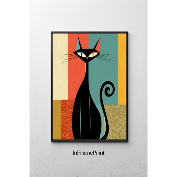 Atomic Cat Mid Century Modern Print Retro Black Cat Wall Art